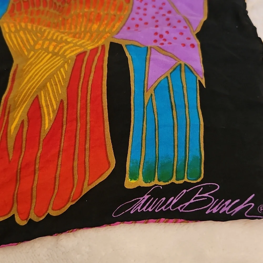 LAUREL BURCH Colorful Rainbow Tropical Bird Print Silk Resort Festival Scarf